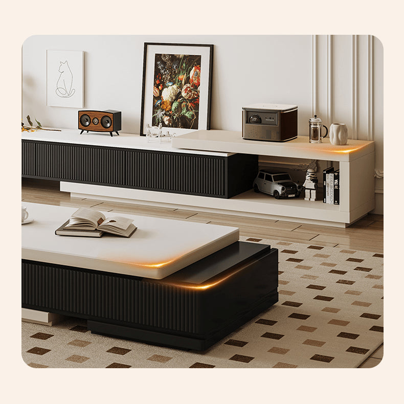 Modern Rectangular Coffee Table in Black & White with Storage - Sintered Stone Top and Pine Wood Base hjl-1183