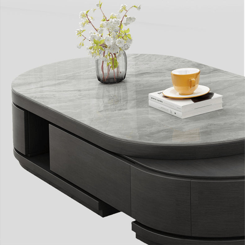 Oval Coffee Table with Sintered Stone and Pine Wood Top - Modern Design with Drawers Storage for LIvingroom hjl-1201