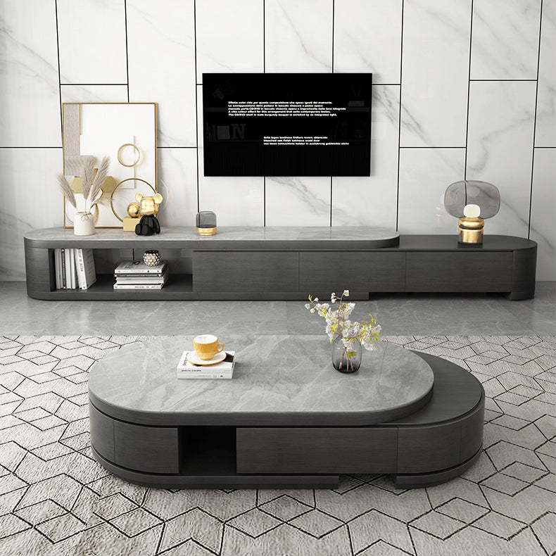 Oval Coffee Table with Sintered Stone and Pine Wood Top - Modern Design with Drawers Storage for LIvingroom hjl-1201