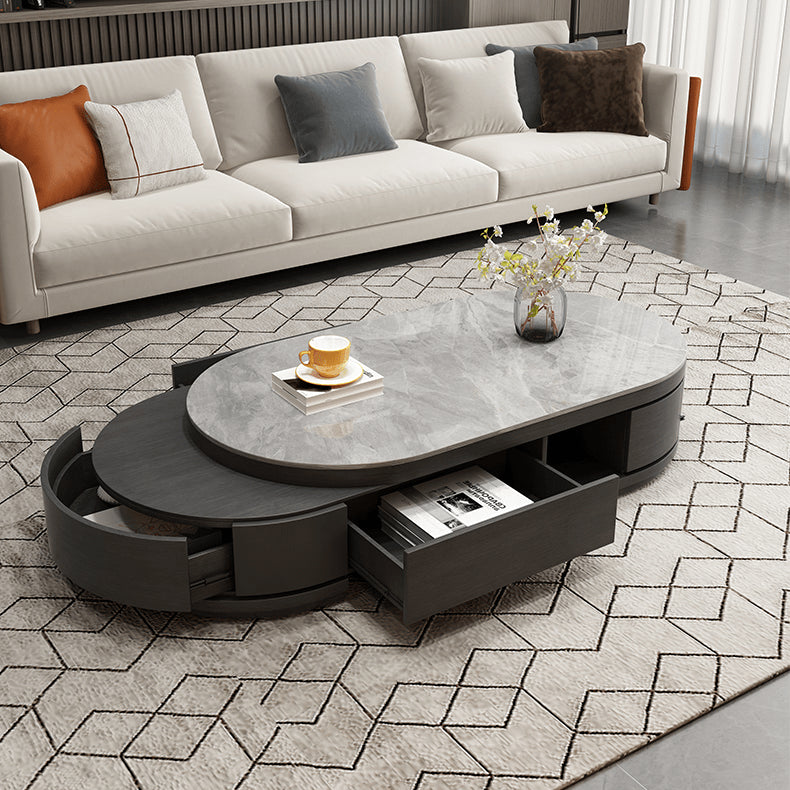 Oval Coffee Table with Sintered Stone and Pine Wood Top - Modern Design with Drawers Storage for LIvingroom hjl-1201