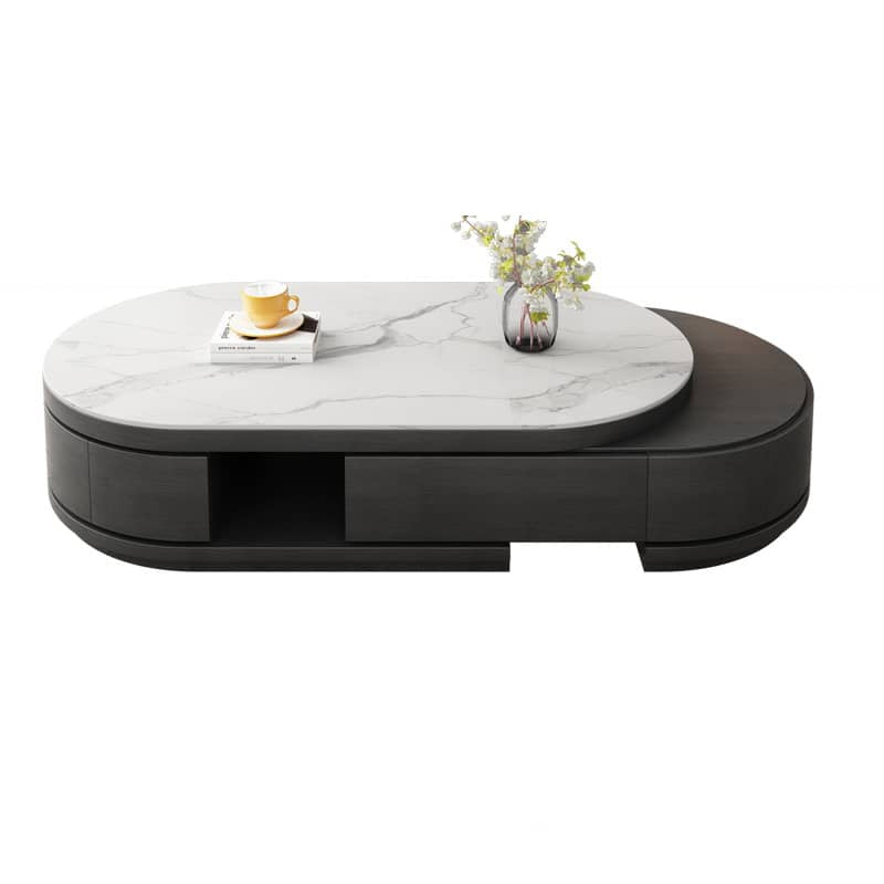 Oval Coffee Table with Sintered Stone and Pine Wood Top - Modern Design with Drawers Storage for LIvingroom hjl-1201