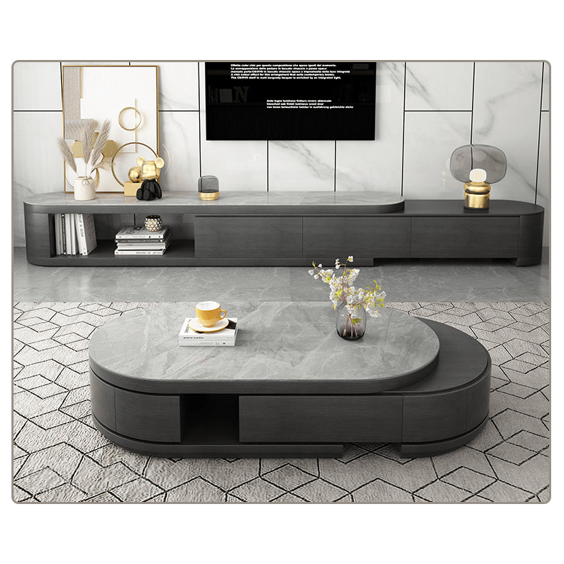 Oval Coffee Table with Sintered Stone and Pine Wood Top - Modern Design with Drawers Storage for LIvingroom hjl-1201