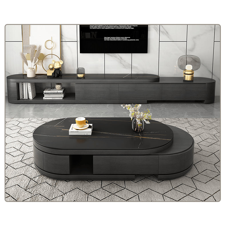 Oval Coffee Table with Sintered Stone and Pine Wood Top - Modern Design with Drawers Storage for LIvingroom hjl-1201