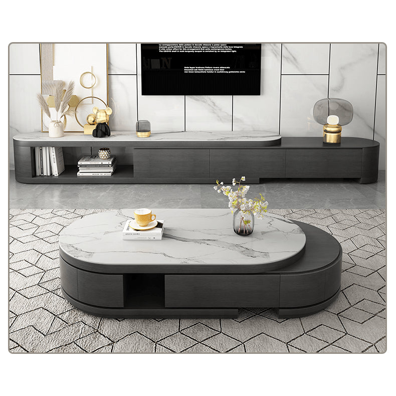 Oval Coffee Table with Sintered Stone and Pine Wood Top - Modern Design with Drawers Storage for LIvingroom hjl-1201