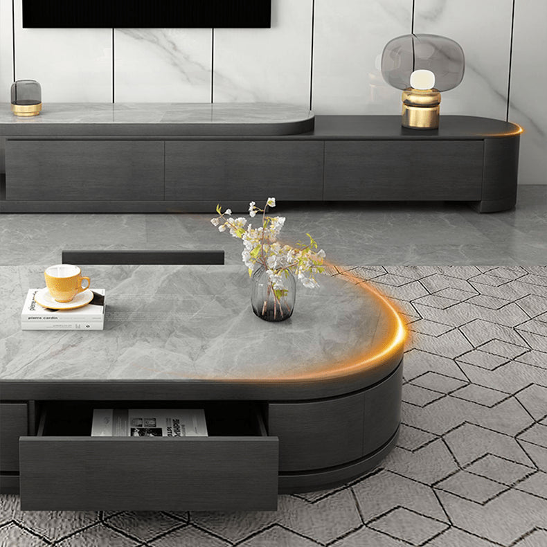 Oval Coffee Table with Sintered Stone and Pine Wood Top - Modern Design with Drawers Storage for LIvingroom hjl-1201