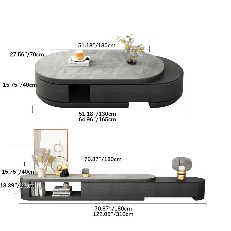 Oval Coffee Table with Sintered Stone and Pine Wood Top - Modern Design with Drawers Storage for LIvingroom hjl-1201