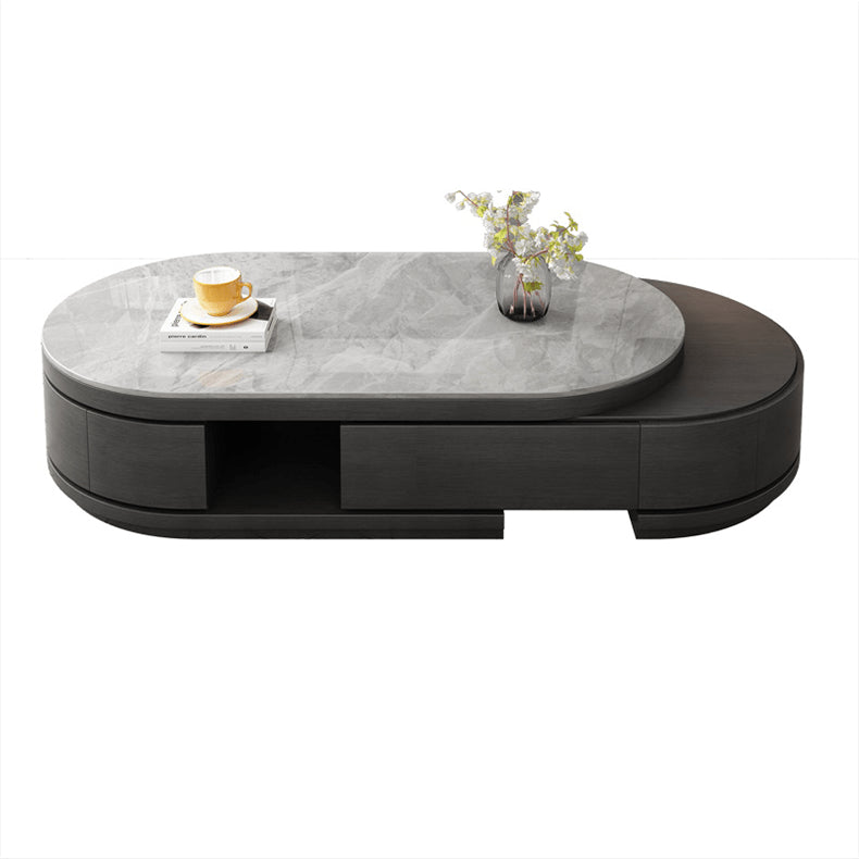 Oval Coffee Table with Sintered Stone and Pine Wood Top - Modern Design with Drawers Storage for LIvingroom hjl-1201