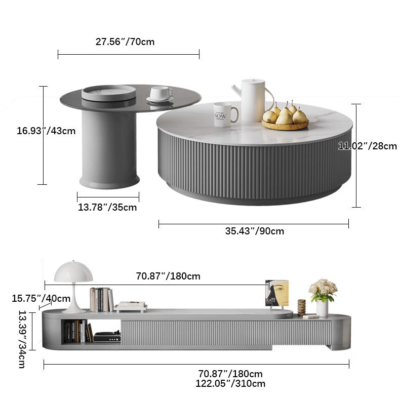 Modern Round Sintered Stone Pine Wood Coffee Table with Drawers for Storage hjl-1211