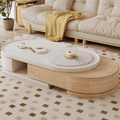 Pine Wood Oval Coffee Table with Storage - Contemporary minimalism with Sintered Stone for LIvingroom hjl-1217