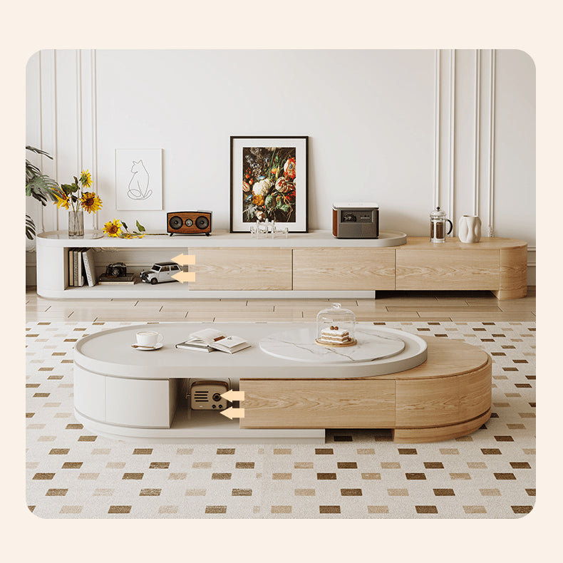 Pine Wood Oval Coffee Table with Storage - Contemporary minimalism with Sintered Stone for LIvingroom hjl-1217