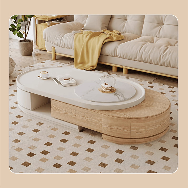 Pine Wood Oval Coffee Table with Storage - Contemporary minimalism with Sintered Stone for LIvingroom hjl-1217