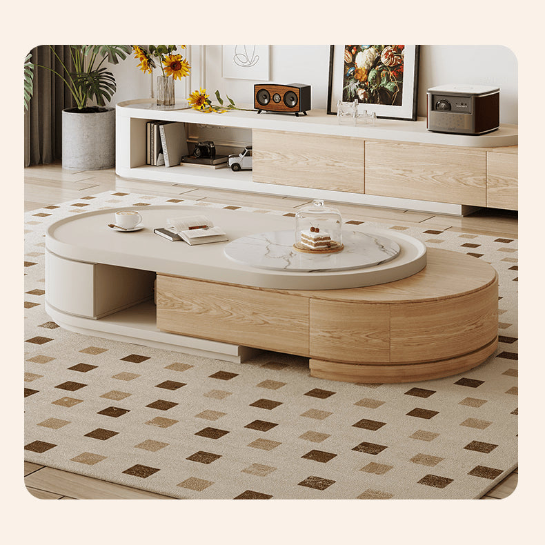 Pine Wood Oval Coffee Table with Storage - Contemporary minimalism with Sintered Stone for LIvingroom hjl-1217