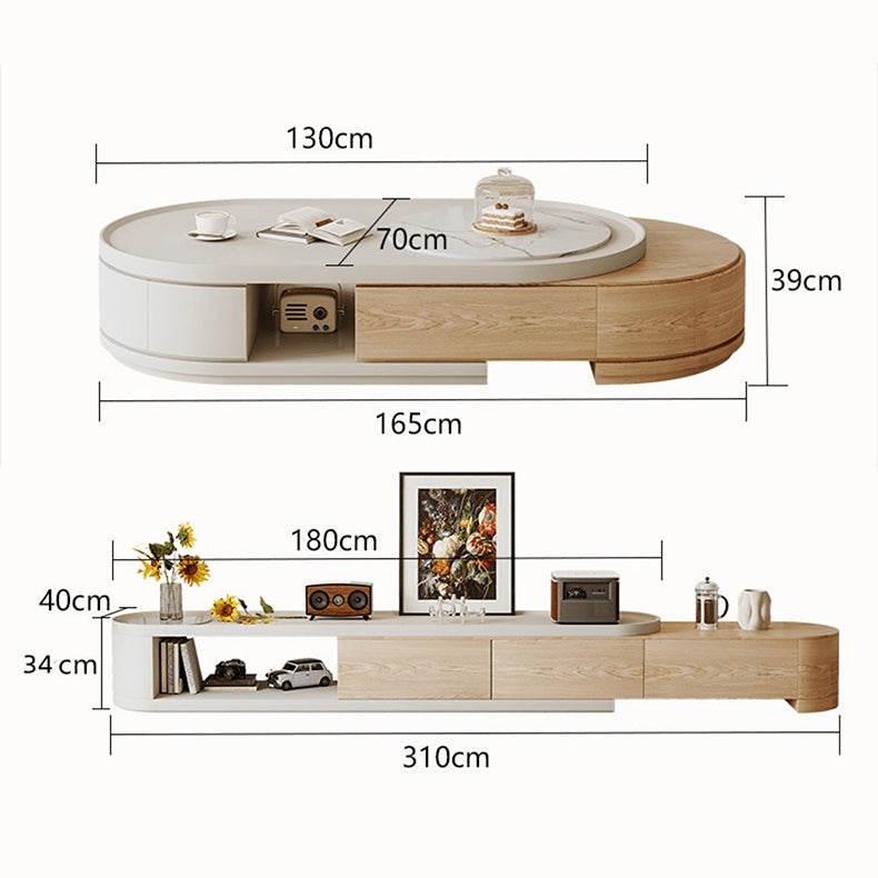 Pine Wood Oval Coffee Table with Storage - Contemporary minimalism with Sintered Stone for LIvingroom hjl-1217