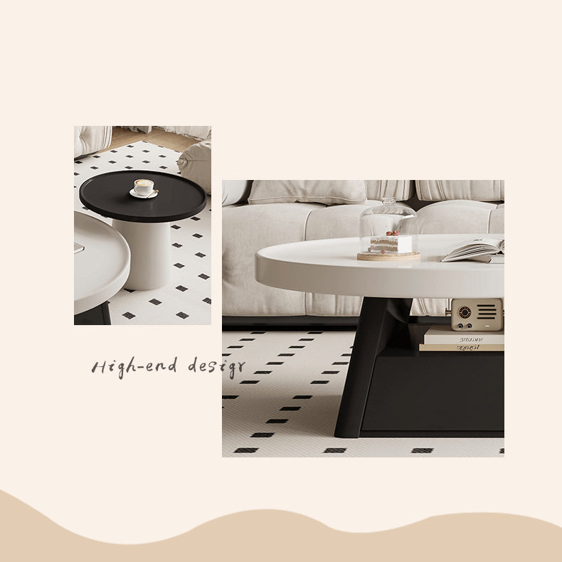 Modern Round Coffee Table  in Elegant White and Black Finish with Storage - Perfect for Stylish Living Room hjl-1226