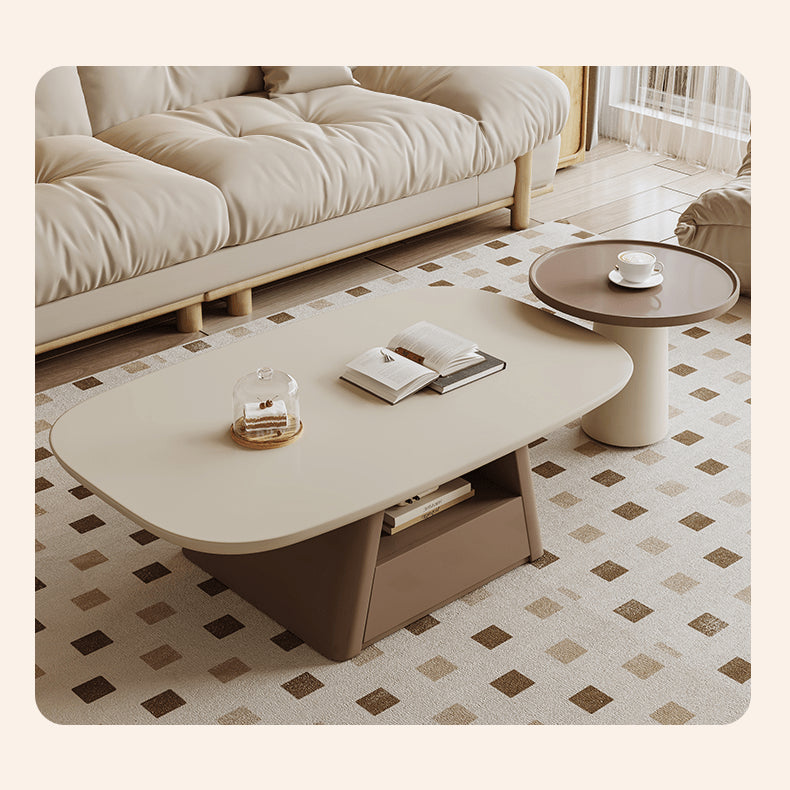 Creamy Oval Coffee Table & Side Table Set with Storage in Brown & Khaki – Perfect for Decor hjl-1234