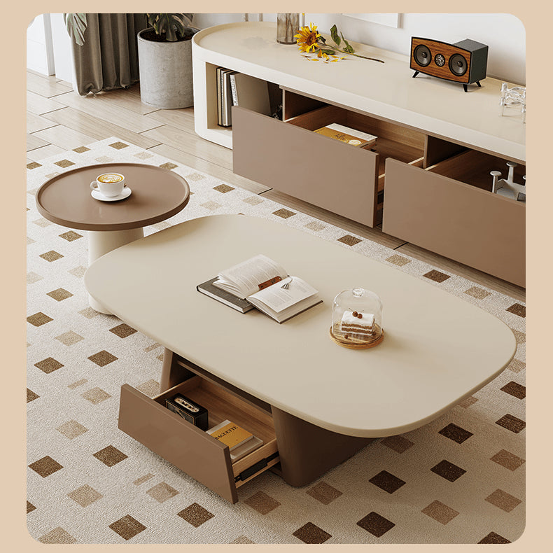 Creamy Oval Coffee Table & Side Table Set with Storage in Brown & Khaki – Perfect for Decor hjl-1234