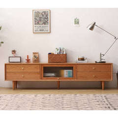 Elegant Natural Cherry Wood TV Cabinet with Copper and Glass Accents - Premium Quality Plywood Design hldmz-728