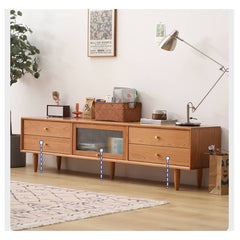 Elegant Natural Cherry Wood TV Cabinet with Copper and Glass Accents - Premium Quality Plywood Design hldmz-728