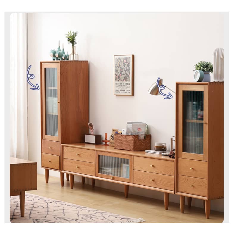 Elegant Natural Cherry Wood TV Cabinet with Copper and Glass Accents - Premium Quality Plywood Design hldmz-728