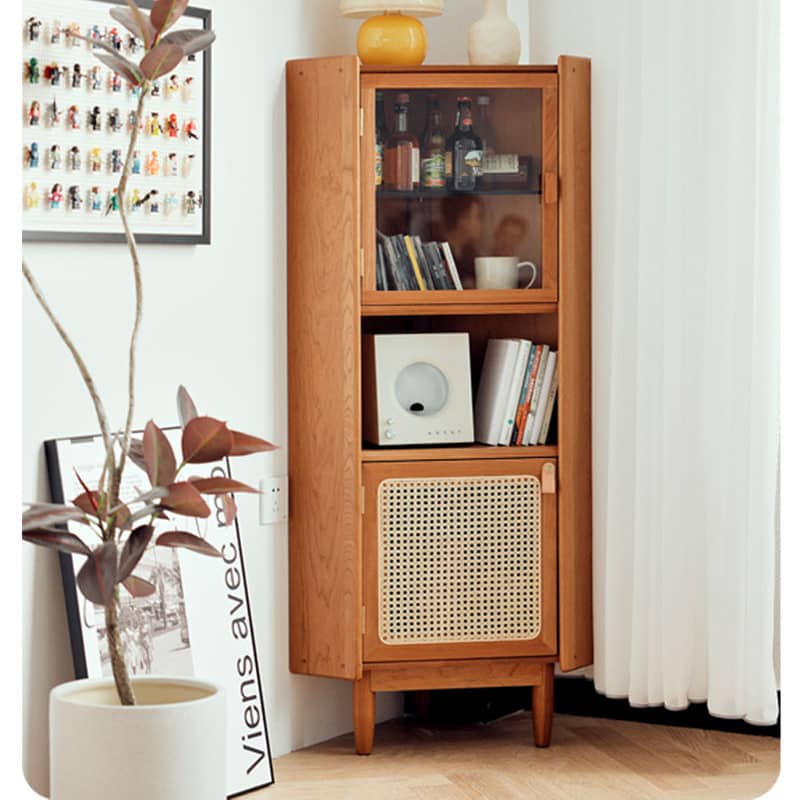 Elegant Cherry Wood Cabinet with Rattan Accents and Glass Doors hldmz-732