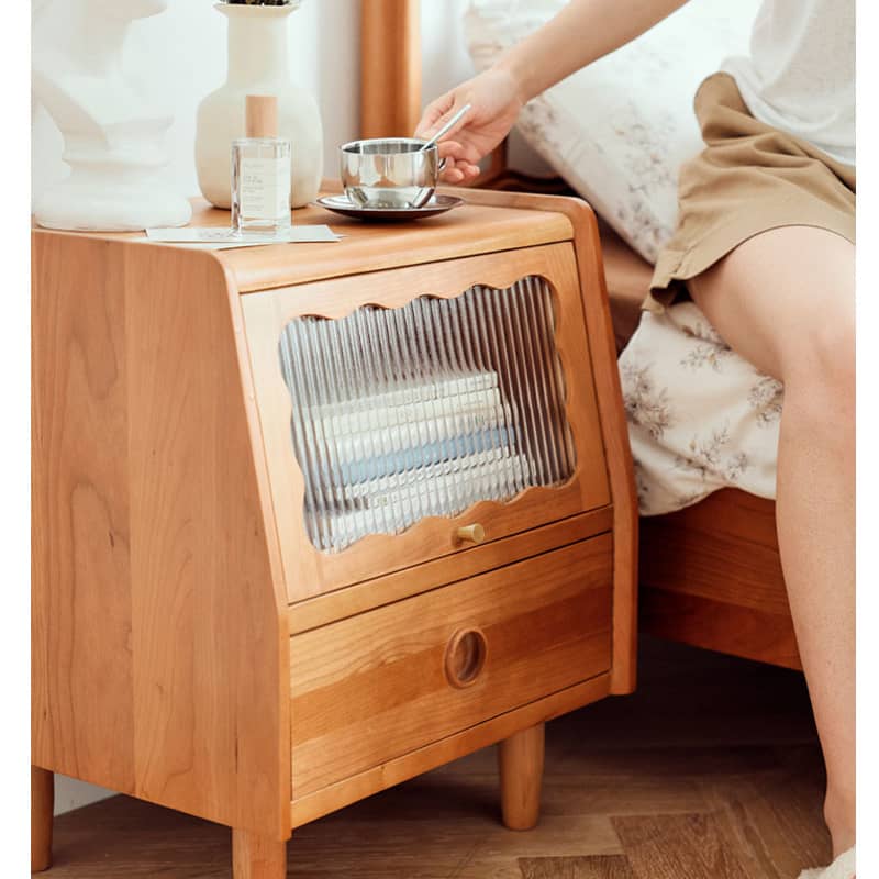 Elegant Nightstand in Cherry Wood Finish with Glass and Copper Accents hldmz-736