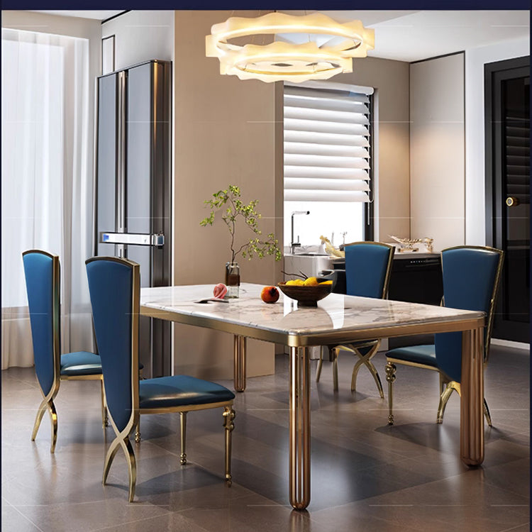 Luxury Marble Dining Table with Blue Leather Chairs - Elegant Modern Design for Your Home hlkwd-4104