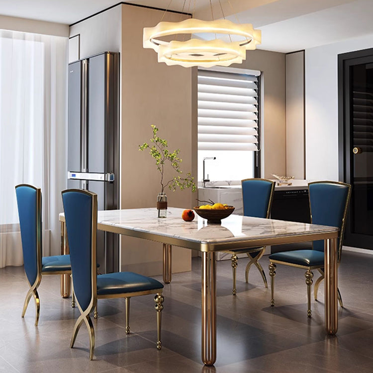 Luxury Marble Dining Table with Blue Leather Chairs - Elegant Modern Design for Your Home hlkwd-4104