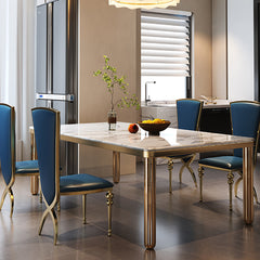 Luxury Marble Dining Table with Blue Leather Chairs - Elegant Modern Design for Your Home hlkwd-4104