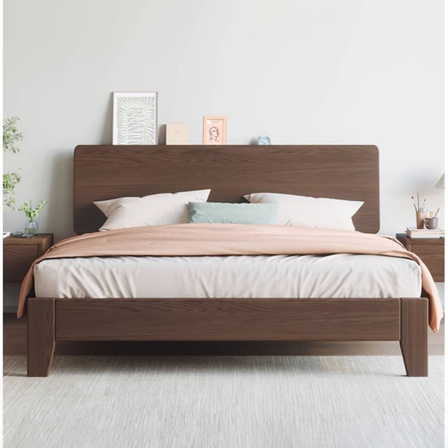 Luxurious Solid Brown Rubberwood Pine Bed Frame - Stylish & Durable Design hmak-236