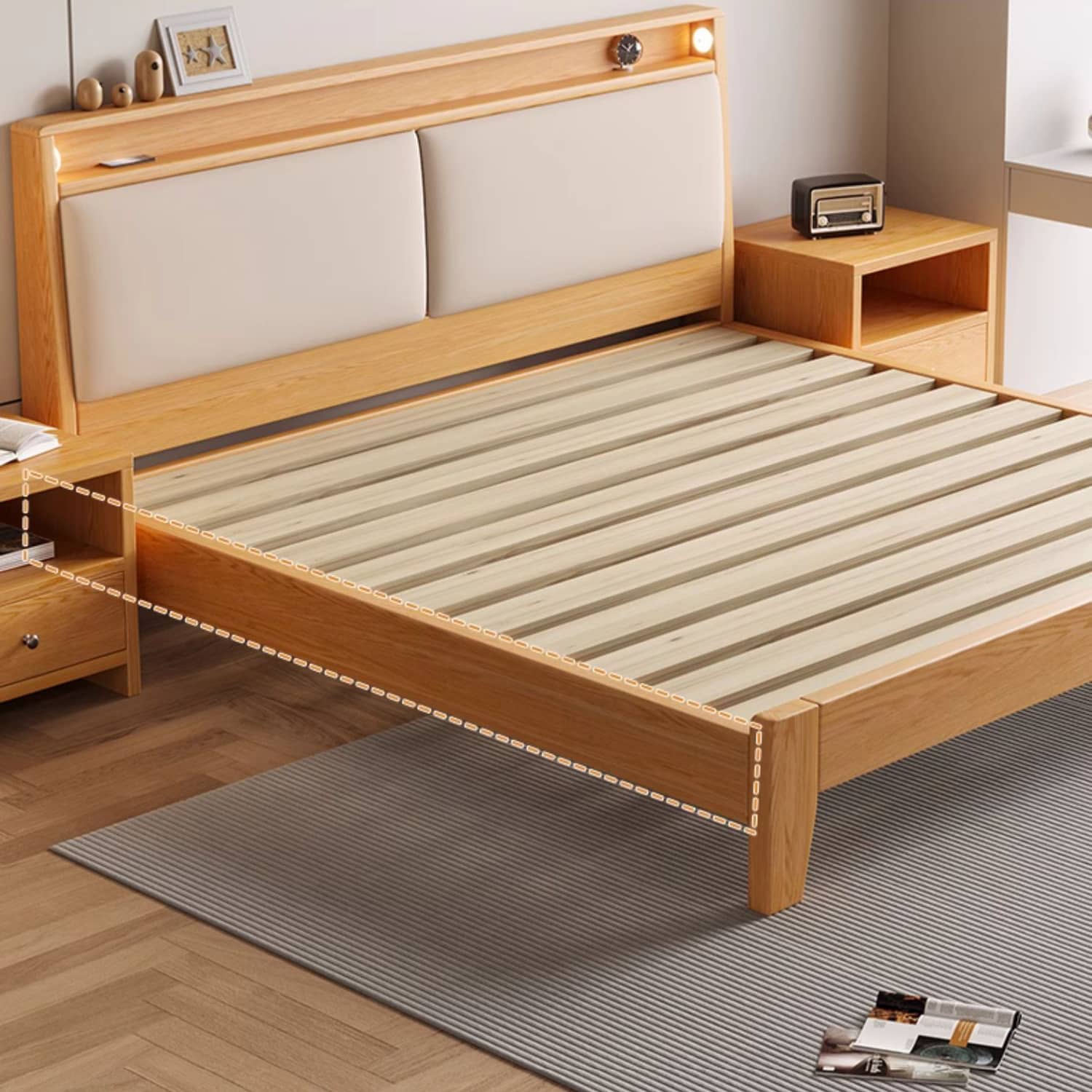 Premium Natural Rubber Wood Pine Bed - Cozy Flannel Finish hmak-239