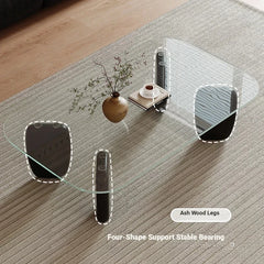 Stylish Tempered Glass and Ash Wood Coffee Table - Modern Design with Rounded Edges, 0.75in Thickened Surface, Perfect for Living Room Décor hmr-4796