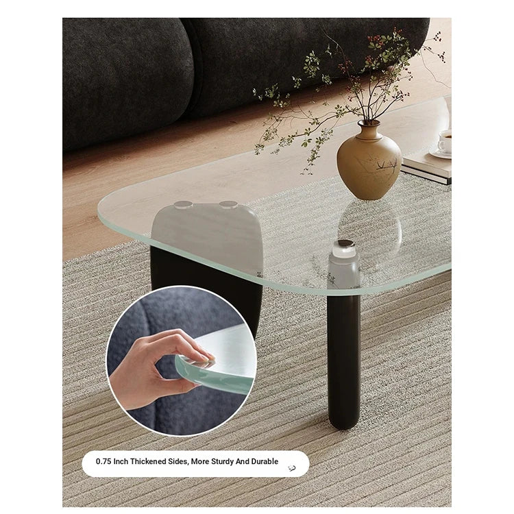 Stylish Tempered Glass and Ash Wood Coffee Table - Modern Design with Rounded Edges, 0.75in Thickened Surface, Perfect for Living Room Décor hmr-4796