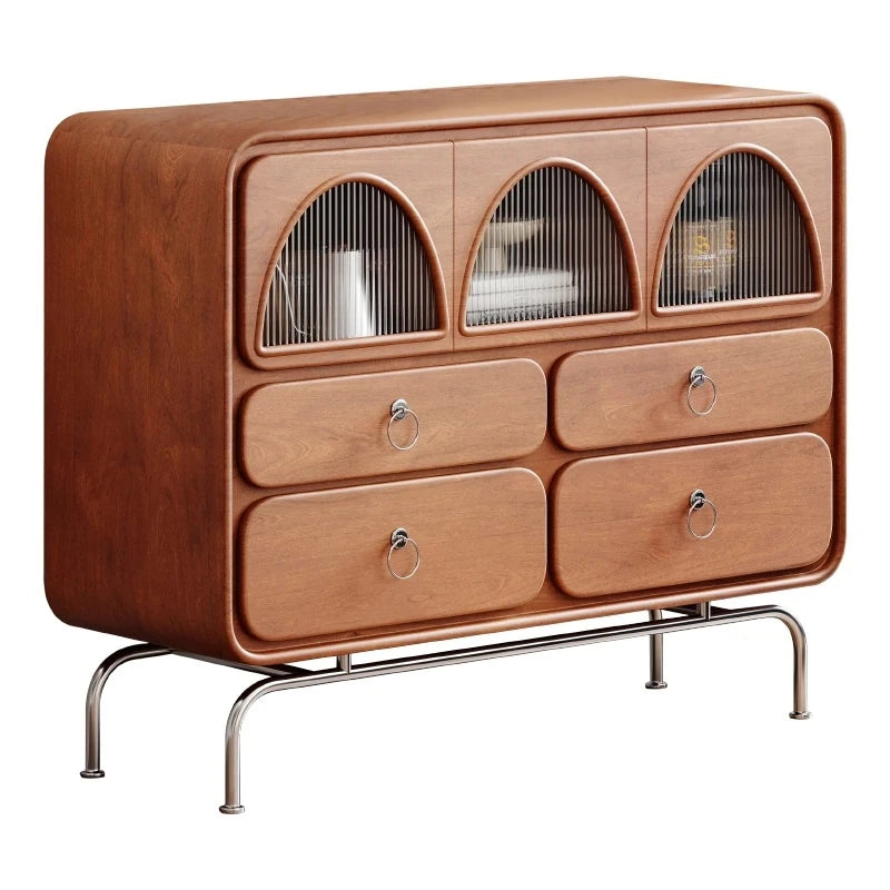 Chic Ash Wood Cabinet with Stainless Steel Frame and Glass Doors - Sleek Storage Solution for Modern Homes hmr-4802