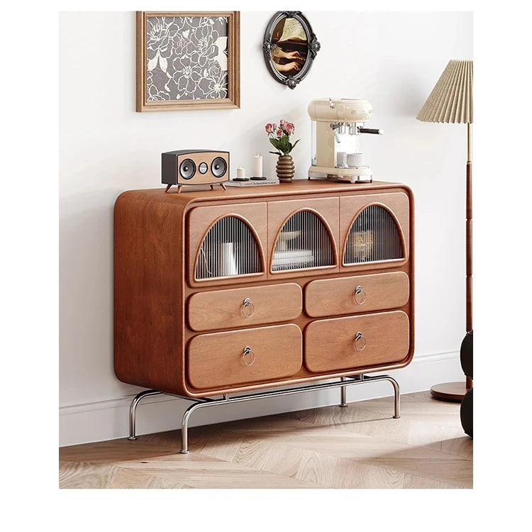 Chic Ash Wood Cabinet with Stainless Steel Frame and Glass Doors - Sleek Storage Solution for Modern Homes hmr-4802