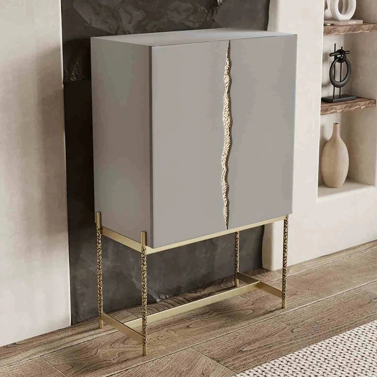 Stylish Ash Wood and Stainless Steel Cabinet with Elegant Gold Accents - Modern Storage Solution hmsf-4674