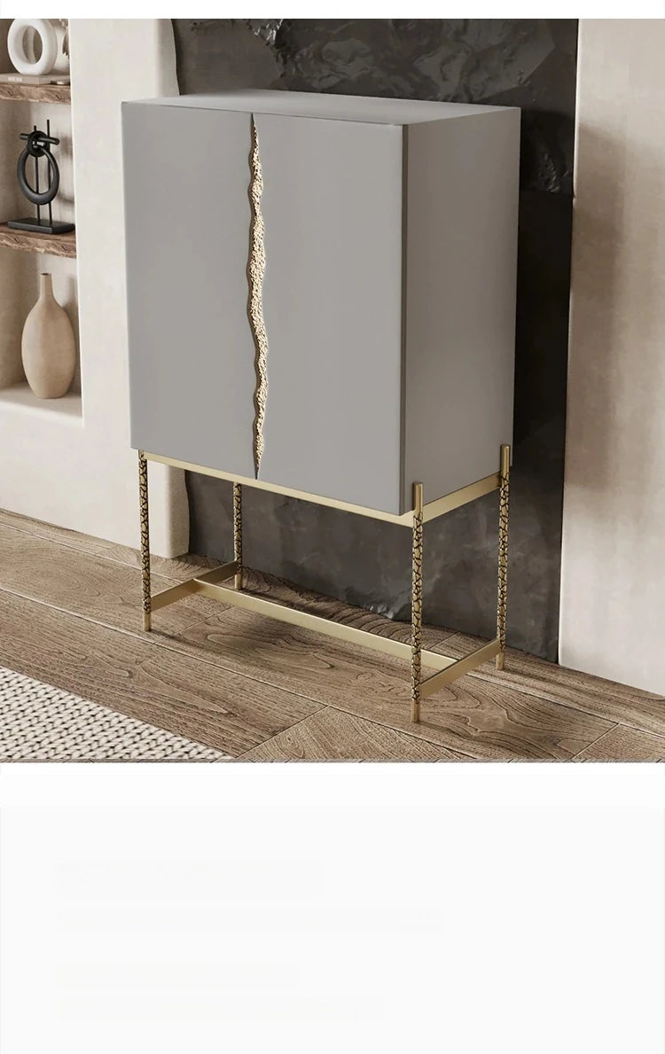 Stylish Ash Wood and Stainless Steel Cabinet with Elegant Gold Accents - Modern Storage Solution hmsf-4674