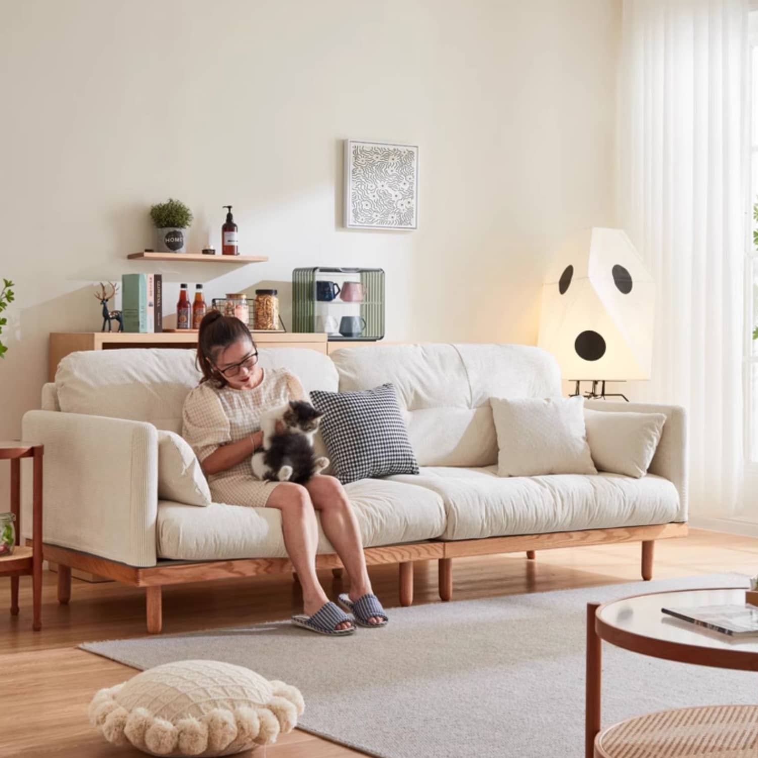 Luxury Beige Corduroy Sofa with Natural Goose Down Cushions and Oak Pine Wood Frame hmyf-1270