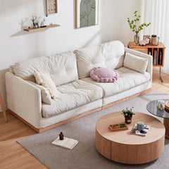 Natural Oak and Pine Wood Sofa with Beige Corduroy and Goose Down Cushions hmyf-1272