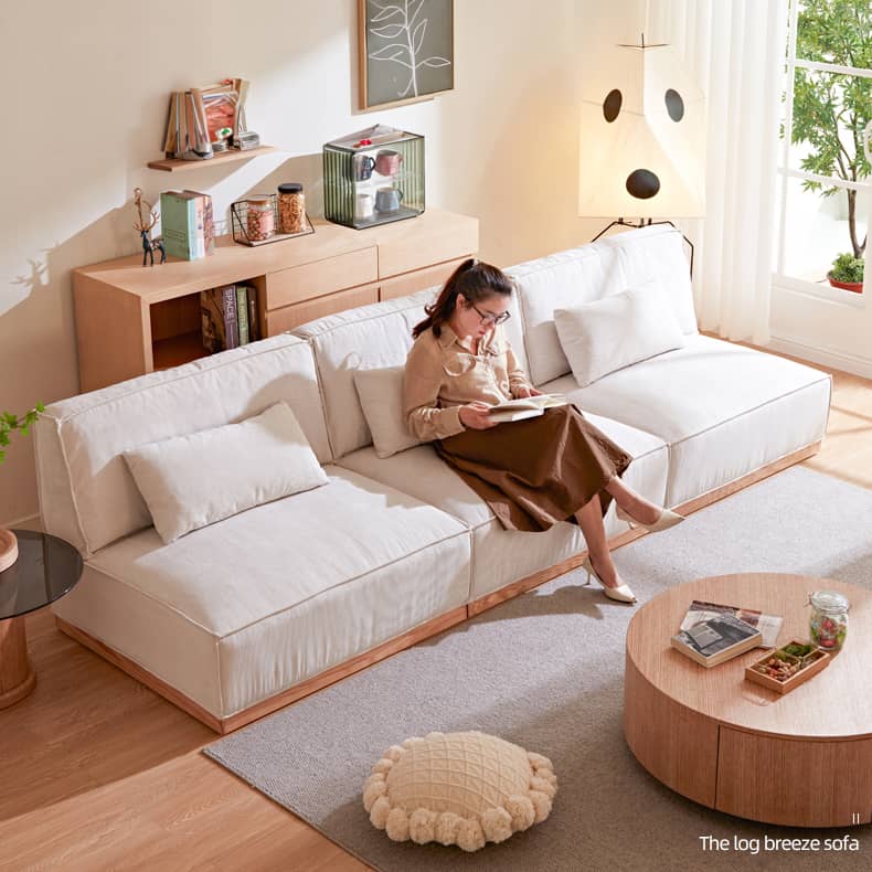 Luxurious Beige Corduroy Sofa with Natural Oak and Pine Wood Frame Filled with Goose Down hmyf-1273