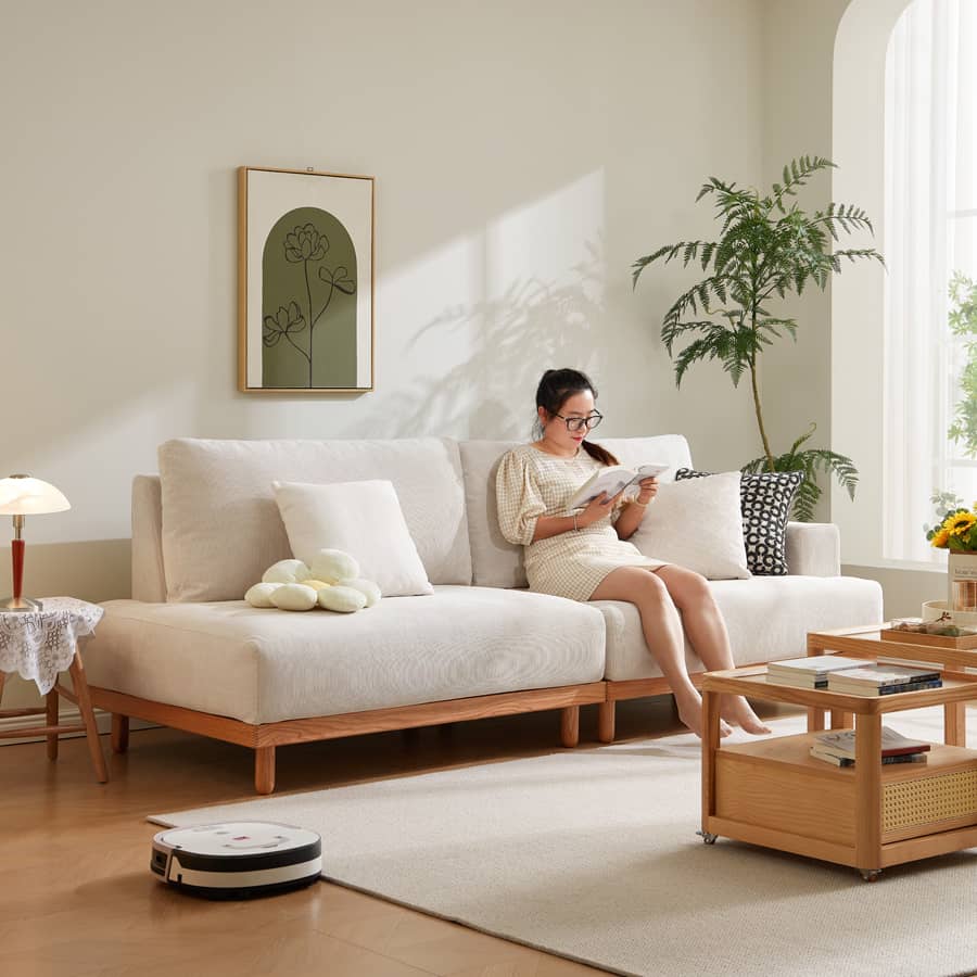 Luxurious Beige Corduroy Sofa with Natural Green Accent and Oak/Pine Wood, Filled with Goose Down hmyf-1277