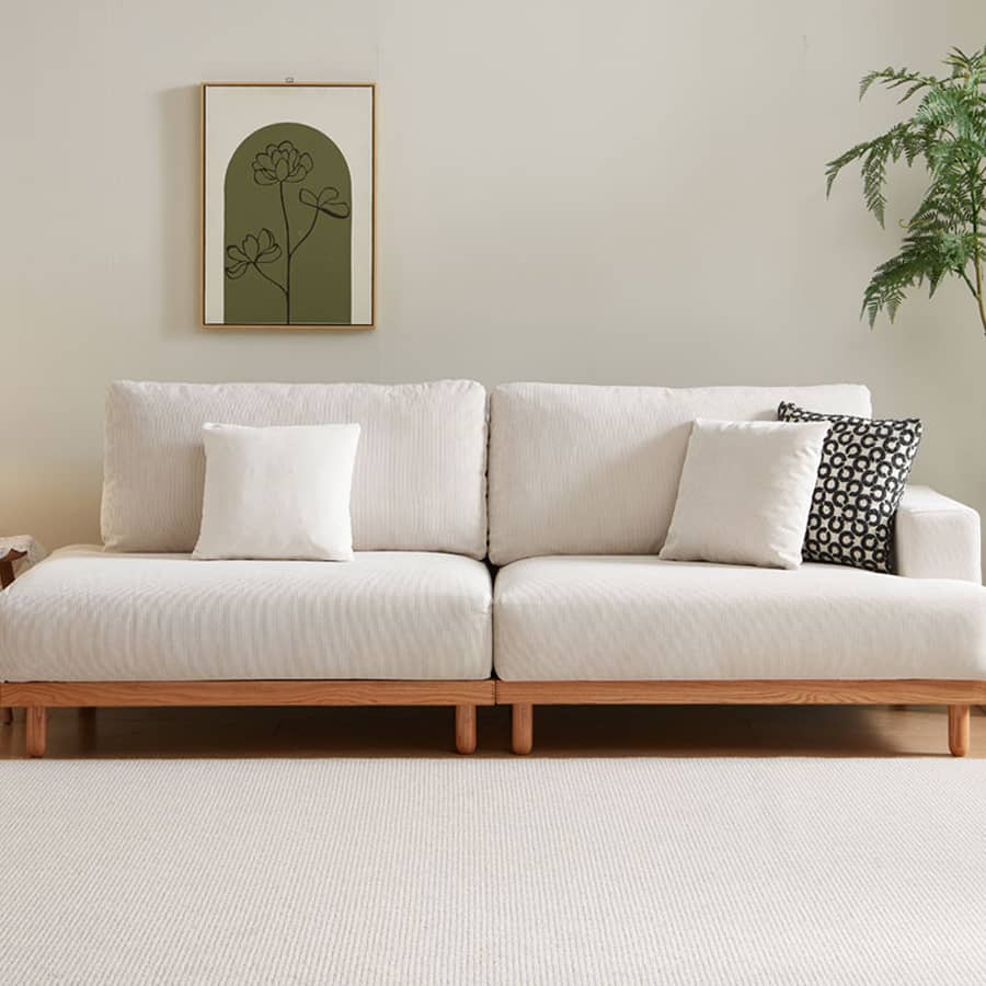 Luxurious Beige Corduroy Sofa with Natural Green Accent and Oak/Pine Wood, Filled with Goose Down hmyf-1277