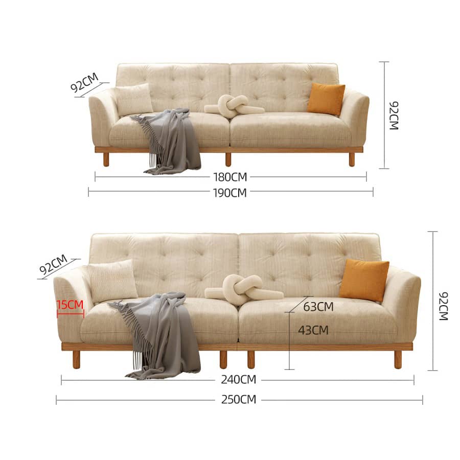 Elegant Beige Corduroy Sofa with Natural Oak and Pine Wood Frame - Plush Goose Down Cushions hmyf-1278