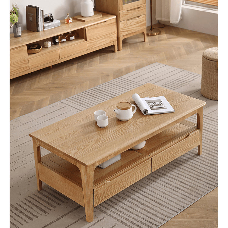 Elegant Rectangular Oak Wood Coffee Table - Tow tiers with Drawer Storage for Modern Living Rooms hmzj-801