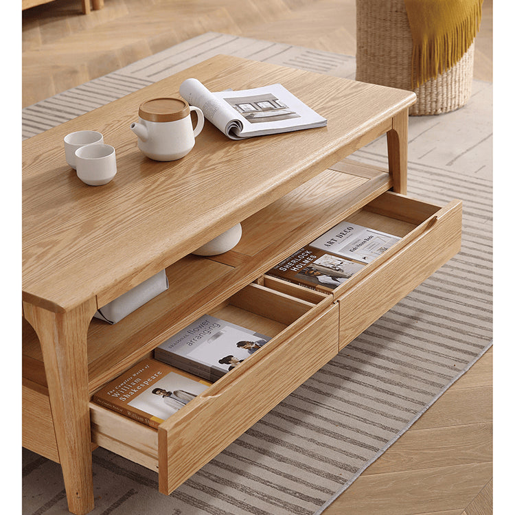 Elegant Rectangular Oak Wood Coffee Table - Tow tiers with Drawer Storage for Modern Living Rooms hmzj-801