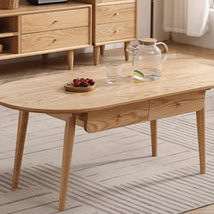 Oval Oak Wood Coffee Table with Drawer Storage - Modern Natural Wood Color for All Rooms hmzj-802