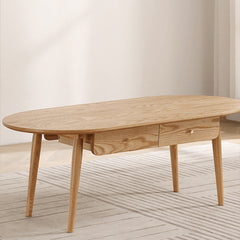 Oval Oak Wood Coffee Table with Drawer Storage - Modern Natural Wood Color for All Rooms hmzj-802