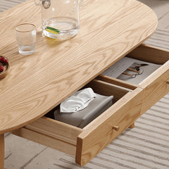 Oval Oak Wood Coffee Table with Drawer Storage - Modern Natural Wood Color for All Rooms hmzj-802