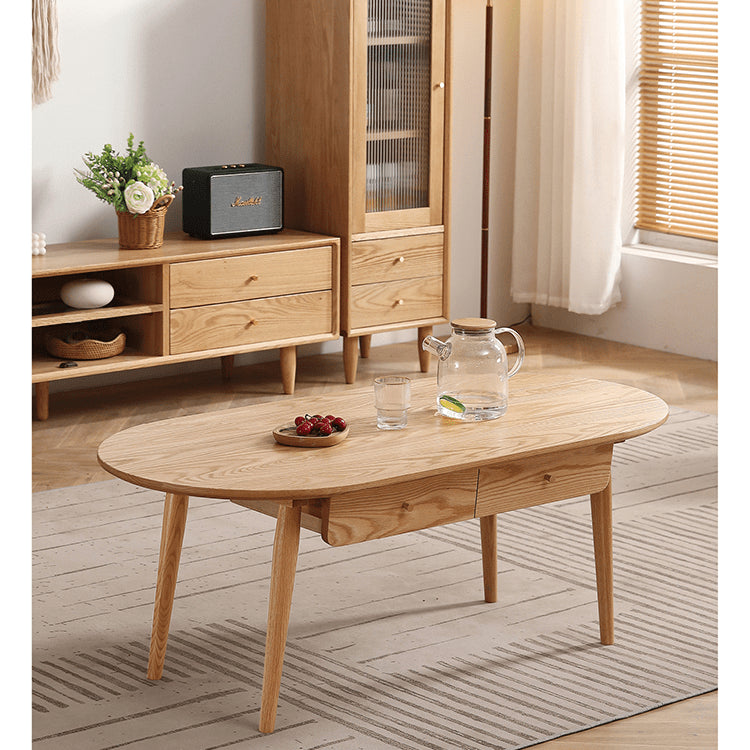 Oval Oak Wood Coffee Table with Drawer Storage - Modern Natural Wood Color for All Rooms hmzj-802