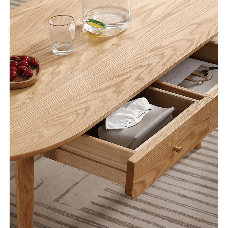 Oval Oak Wood Coffee Table with Drawer Storage - Modern Natural Wood Color for All Rooms hmzj-802