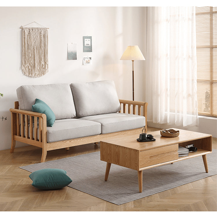 Modern Light Grey Sofa with Natural Oak Wood Frame - Leathaire & Foam Comfort hmzj-803